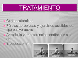TRATAMIENTO
 Corticoesteroides
 Férulas apropiadas y ejercicios asistidos de
tipo pasivo-activo
 Artrodesis y transferencias tendinosas solo
en….
 Traqueostomía
 