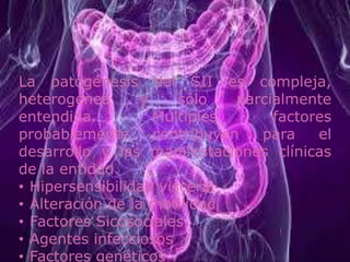 FISIOPATOLOGÍA
La patogénesis del SII es compleja,
heterogénea y sólo parcialmente
entendida. Múltiples factores
probablemente contribuyen para el
desarrollo y las manifestaciones clínicas
de la entidad.
• Hipersensibilidad visceral
• Alteración de la motilidad
• Factores Sicosociales
• Agentes infecciosos
• Factores genéticos
 
