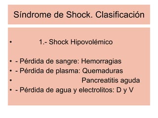 Síndrome de Shock. Clasificación 1.- Shock Hipovolémico - Pérdida de sangre: Hemorragias - Pérdida de plasma: Quemaduras Pancreatitis aguda - Pérdida de agua y electrolitos: D y V  