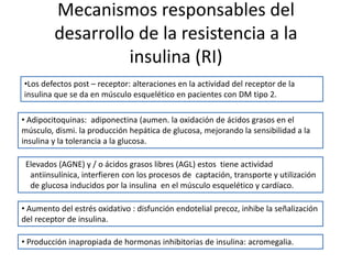 Mecanismos responsables del
desarrollo de la resistencia a la
insulina (RI)
•Los defectos post – receptor: alteraciones en la actividad del receptor de la
insulina que se da en músculo esquelético en pacientes con DM tipo 2.
• Adipocitoquinas: adiponectina (aumen. la oxidación de ácidos grasos en el
músculo, dismi. la producción hepática de glucosa, mejorando la sensibilidad a la
insulina y la tolerancia a la glucosa.
Elevados (AGNE) y / o ácidos grasos libres (AGL) estos tiene actividad
antiinsulínica, interfieren con los procesos de captación, transporte y utilización
de glucosa inducidos por la insulina en el músculo esquelético y cardíaco.
• Aumento del estrés oxidativo : disfunción endotelial precoz, inhibe la señalización
del receptor de insulina.
• Producción inapropiada de hormonas inhibitorias de insulina: acromegalia.
 