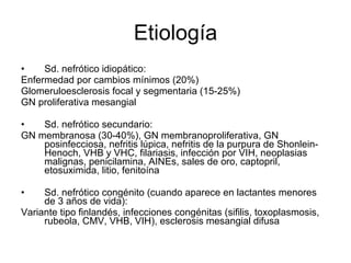 Etiología Sd. nefrótico idiopático: Enfermedad por cambios mínimos (20%)  Glomeruloesclerosis focal y segmentaria (15-25%) GN proliferativa mesangial Sd. nefrótico secundario: GN membranosa (30-40%), GN membranoproliferativa, GN posinfecciosa, nefritis lúpica, nefritis de la purpura de Shonlein-Henoch, VHB y VHC, filariasis, infección por VIH, neoplasias malignas, penicilamina, AINEs, sales de oro, captopril, etosuximida, litio, fenitoína  Sd. nefrótico congénito (cuando aparece en lactantes menores de 3 años de vida): Variante tipo finlandés, infecciones congénitas (sifilis, toxoplasmosis, rubeola, CMV, VHB, VIH), esclerosis mesangial difusa 