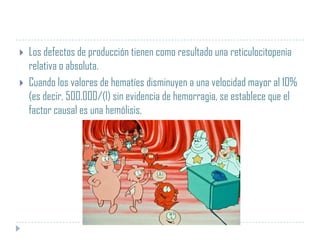 


Los defectos de producción tienen como resultado una reticulocitopenia
relativa o absoluta.
Cuando los valores de hematíes disminuyen a una velocidad mayor al 10%
(es decir, 500.000/(l) sin evidencia de hemorragia, se establece que el
factor causal es una hemólisis.

 