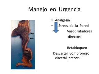 Manejo en Urgencia
       • Analgesia
       •   Stress de la Pared
                 Vasodilatadores
                 directos

                 Betabloqueo
        Descartar compromiso
         visceral precoz.
 