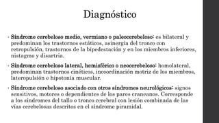 Diagnóstico
• Síndrome cerebeloso medio, vermiano o paleocerebeloso: es bilateral y
predominan los trastornos estáticos, asinergia del tronco con
retropulsión, trastornos de la bipedestación y en los miembros inferiores,
nistagmo y disartria.
• Síndrome cerebeloso lateral, hemisférico o neocerebeloso: homolateral,
predominan trastornos cinéticos, incoordinación motriz de los miembros,
lateropulsión e hipotonía muscular.
• Síndrome cerebeloso asociado con otros síndromes neurológicos: signos
sensitivos, motores o dependientes de los pares craneanos. Corresponde
a los síndromes del tallo o tronco cerebral con lesión combinada de las
vías cerebelosas descritos en el síndrome piramidal.
 
