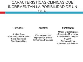 CARACTERISTICAS CLINICAS QUE
INCREMENTAN LA POSIBILIDAD DE UN
              SCA.



     HISTORIA                EXAMEN                  EXÁMENES
                                                 Ondas Q patológicas
     Angina típica                              Segmento ST anormal
                          Edema pulmonar
Edad mayor de 70 años                           Inversión de T mayor =
                         Hipotensión arterial
   Sexo masculino                                       0.02mV
                        Enfermedad vascular
   Diabetes mellitus                                Biomarcadores
                                                cardíacos aumentados
 