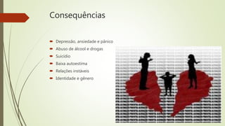Consequências
 Depressão, ansiedade e pânico
 Abuso de álcool e drogas
 Suicídio
 Baixa autoestima
 Relações instáveis
 Identidade e gênero
 