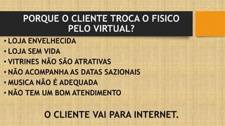 PORQUE O CLIENTE TROCA O FISICO
PELO VIRTUAL?
• LOJA ENVELHECIDA
• LOJA SEM VIDA
• VITRINES NÃO SÃO ATRATIVAS
• NÃO ACOMPANHA AS DATAS SAZIONAIS
• MUSICA NÃO É ADEQUADA
• NÃO TEM UM BOM ATENDIMENTO
O CLIENTE VAI PARA INTERNET.
 