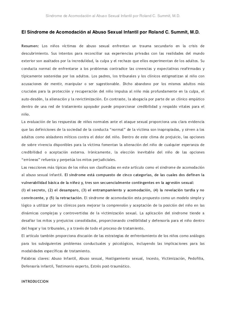 Sindrome De Acomodacion Al Abuso Sexual Infantil Por Roland C Summit