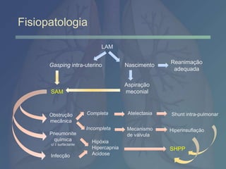 Fisiopatologia
LAM
Gasping intra-uterino Nascimento
Aspiração
meconial
Reanimação
adequada
SAM
Obstrução
mecânica
Pneumonite
química
c/  surfactante
Infecção
Hipóxia
Hipercapnia
Acidose
SHPP
Incompleta
Completa Atelectasia
Mecanismo
de válvula
Hiperinsuflação
Shunt intra-pulmonar
 