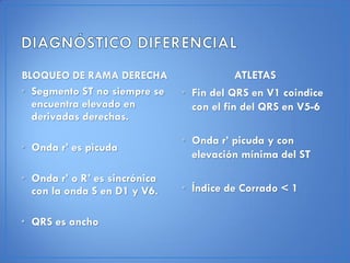 BLOQUEO DE RAMA DERECHA                    ATLETAS
• Segmento ST no siempre se    • Fin del QRS en V1 coindice
  encuentra elevado en           con el fin del QRS en V5-6
  derivadas derechas.

                               • Onda r’ picuda y con
• Onda r’ es picuda
                                 elevación mínima del ST

• Onda r’ o R’ es sincrónica
  con la onda S en D1 y V6.    • Índice de Corrado < 1

• QRS es ancho
 
