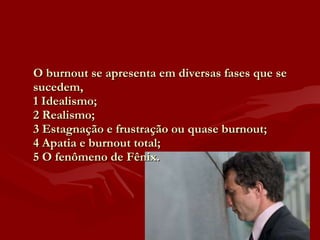 O burnout se apresenta em diversas fases que se sucedem,  1 Idealismo; 2 Realismo; 3 Estagnação e frustração ou quase burnout; 4 Apatia e burnout total; 5 O fenômeno de Fênix. 