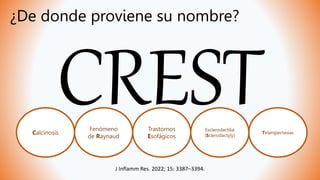 ¿De donde proviene su nombre?
Calcinosis
Fenómeno
de Raynaud
Trastornos
Esofágicos
Esclerodactilia
(Sclerodactyly)
Telangiectasias
J Inflamm Res. 2022; 15: 3387–3394.
 