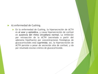  A) enfermedad de Cushing.
 En la enfermedad de Cushing, la hipersecreción de ACTH
es al azar y episódica, y causa hipersecreción de cortisol
en ausencia del ritmo circadiano normal. La inhibición
por retroacción de la ACTH (secretada a partir del
adenoma hipofisario) por concentraciones fisiológicas de
glucocorticoides está suprimida; así, la hipersecreción de
ACTH persiste a pesar de secreción alta de cortisol, y da
por resultado exceso crónico de glucocorticoide.
 