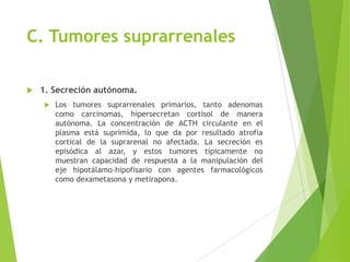 C. Tumores suprarrenales
 1. Secreción autónoma.
 Los tumores suprarrenales primarios, tanto adenomas
como carcinomas, hipersecretan cortisol de manera
autónoma. La concentración de ACTH circulante en el
plasma está suprimida, lo que da por resultado atrofia
cortical de la suprarenal no afectada. La secreción es
episódica al azar, y estos tumores típicamente no
muestran capacidad de respuesta a la manipulación del
eje hipotálamo-hipofisario con agentes farmacológicos
como dexametasona y metirapona.
 