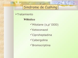 Sindrome de Cushing
Sindrome de Cushing
Tratamiento
Médico
Mitotane (o,p’ DDD)
Ketoconazol
Ciproheptadina
Cabergolina
Bromocriptina

 