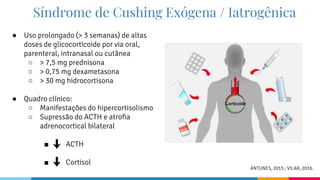 Síndrome de Cushing Exógena / Iatrogênica
● Uso prolongado (> 3 semanas) de altas
doses de glicocorticoide por via oral,
parenteral, intranasal ou cutânea
○ > 7,5 mg prednisona
○ > 0,75 mg dexametasona
○ > 30 mg hidrocortisona
● Quadro clínico:
○ Manifestações do hipercortisolismo
○ Supressão do ACTH e atrofia
adrenocortical bilateral
■ ACTH
■ Cortisol
ANTUNES, 2015 ; VILAR, 2016.
Corticoide
 