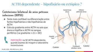 ACTH dependente - hipofisário ou ectópico ?
Cateterismo bilateral de seios petrosos
inferiores (BIPSS)
❖ Teste mais confiável na diferenciação entre
fontes hipofisárias e não hipofisárias de
ACTH
❖ Calcula gradiente entre ACTH no seio que
drena a hipófise e ACTH no sangue
periférico ( se gradiente > 2:1 = DC)
INDICAÇÃO: na SC ACTH-dependente,
quando exames de imagem e laboratório
inconclusivos
Cateter
Cateter
VILAR, 2016 ; MELMED et al., 2016.
 