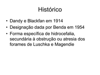 Histórico 
• Dandy e Blackfan em 1914 
• Designação dada por Benda em 1954 
• Forma específica de hidrocefalia, 
secundária à obstrução ou atresia dos 
forames de Luschka e Magendie 
 