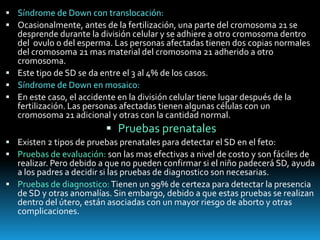 Síndrome de Down con translocación:Ocasionalmente, antes de la fertilización, una parte del cromosoma 21 se desprende durante la división celular y se adhiere a otro cromosoma dentro del  ovulo o del esperma. Las personas afectadas tienen dos copias normales del cromosoma 21 mas material del cromosoma 21 adherido a otro cromosoma.Este tipo de SD se da entre el 3 al 4% de los casos.Síndrome de Down en mosaico:En este caso, el accidente en la división celular tiene lugar después de la fertilización. Las personas afectadas tienen algunas células con un cromosoma 21 adicional y otras con la cantidad normal.Pruebas prenatalesExisten 2 tipos de pruebas prenatales para detectar el SD en el feto:Pruebas de evaluación: son las mas efectivas a nivel de costo y son fáciles de realizar. Pero debido a que no pueden confirmar si el niño padecerá SD, ayuda a los padres a decidir si las pruebas de diagnostico son necesarias.Pruebas de diagnostico: Tienen un 99% de certeza para detectar la presencia de SD y otras anomalías. Sin embargo, debido a que estas pruebas se realizan dentro del útero, están asociadas con un mayor riesgo de aborto y otras complicaciones.