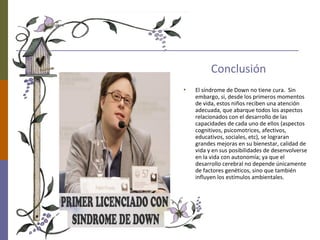 Conclusión
• El síndrome de Down no tiene cura. Sin
embargo, si, desde los primeros momentos
de vida, estos niños reciben una atención
adecuada, que abarque todos los aspectos
relacionados con el desarrollo de las
capacidades de cada uno de ellos (aspectos
cognitivos, psicomotrices, afectivos,
educativos, sociales, etc), se lograran
grandes mejoras en su bienestar, calidad de
vida y en sus posibilidades de desenvolverse
en la vida con autonomía; ya que el
desarrollo cerebral no depende únicamente
de factores genéticos, sino que también
influyen los estímulos ambientales.
 