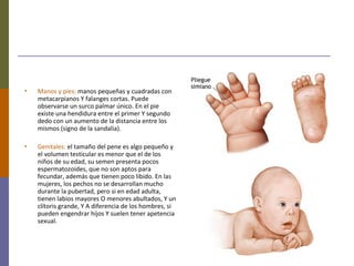 • Manos y pies: manos pequeñas y cuadradas con
metacarpianos Y falanges cortas. Puede
observarse un surco palmar único. En el pie
existe una hendidura entre el primer Y segundo
dedo con un aumento de la distancia entre los
mismos (signo de la sandalia).
• Genitales: el tamaño del pene es algo pequeño y
el volumen testicular es menor que el de los
niños de su edad, su semen presenta pocos
espermatozoides, que no son aptos para
fecundar, además que tienen poco libido. En las
mujeres, los pechos no se desarrollan mucho
durante la pubertad, pero si en edad adulta,
tienen labios mayores O menores abultados, Y un
clítoris grande, Y A diferencia de los hombres, si
pueden engendrar hijos Y suelen tener apetencia
sexual.
 
