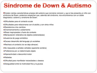 Existen ciertas características propias del autismo que conviene conocer y, que si las presenta un niño con 
síndrome de Down, podemos sospechar que, además del síndrome, nos encontramos con un doble 
diagnóstico: autismo y síndrome de Down: 
Dificultades para el contacto ocular 
Dificultades para relacionarse con el adulto y con otros niños 
Resistencia a los cambios 
Ensimismamiento o aislamiento 
Risas inapropiadas o fuera de contexto 
Manipulación reiterativa de objetos (estereotipias) 
Ausencia de juego simbólico 
Escaso desarrollo del lenguaje y/o ecolalias 
Rechazo al contacto (no se deja abrazar) 
No respuesta a señales verbales (aparente sordera) 
Preferencia por un determinado objeto 
Hiperactividad o descontrol motor 
Rabietas 
Dificultad para manifestar necesidades o deseos 
Desigualdad entre la motricidad fina y la gruesa 
 
