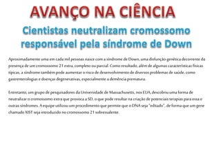 Aproximadamenteuma emcada mil pessoas nasce coma síndrome deDown, uma disfunção genética decorrente da
presença de um cromossomo 21extra, completo ou parcial. Como resultado, além dealgumas características físicas
típicas, a síndrome também pode aumentar o risco dedesenvolvimento de diversos problemas de saúde, como
gastrenterologias e doenças degenerativas, especialmente a demência prematura.
Entretanto, um grupo de pesquisadores da Universidade de Massachusetts, nos EUA, descobriu uma forma de
neutralizaro cromossomo extra que provoca a SD, o que pode resultar na criação de potenciais terapias para essa e
outras síndromes. Aequipe utilizou umprocedimento que permiteque o DNA seja “editado”, deforma que umgene
chamado XISTseja introduzido no cromossomo 21sobressalente.
 