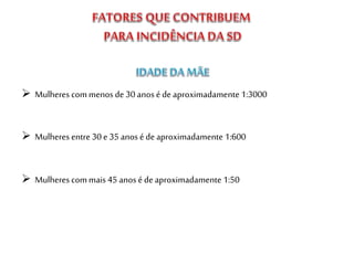  Mulheres commenos de 30 anos é de aproximadamente 1:3000
 Mulheres entre 30 e 35 anos é deaproximadamente 1:600
 Mulheres commais 45 anos é deaproximadamente 1:50
 