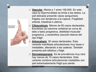 O Vascular Afecta a 1 entre 100.000. En este
  caso la hipermovilidad se limita a los dedos. La
  piel delicada presente vasos sanguíneos
  frágiles con tendencia a la ruptura. Fragilidad
  arterial, intestinal o uterina.
O Cifoscoliosis Menos de 60 casos declarados.
  Escoliosis (la columna vertebral se curva de
  lado a lado) progresiva, debilidad muscular
  progresiva, y esclerótica (sección blanca del
  ojo) frágil.
O Artrocalasia 30 casos declarados. Esta
  variante manifiesta articulaciones muy laxas e
  inestables, afectando a las caderas. También
  presenta piel elástica y frágil.
O Dermatosparaxis Es de prevalencia muy rara:
  hay menos de 10 casos declarados. Esta
  variante combina articulaciones inestables con
  piel extremadamente frágil que pierde
  elasticidad.
 