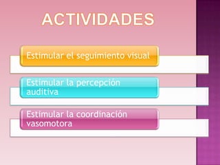 Estimular el seguimiento visual


Estimular la percepción
auditiva

Estimular la coordinación
vasomotora
 