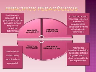 Se basa en la         El derecho de todo
   aceptación de la     niño, independientem
igualdad de todas las         ente de sus
  personas aunque           características
      tengan una         personales o de sus
       necesidad            dificultades de
     determinada              aprendizaje




                             Partir de las
                        características de los
   Que utilice las
                         sujetos con el fin de
   instituciones y        lograr el máximo
                        desarrollo posible de
   servicios de su
                          sus capacidades
     comunidad
 