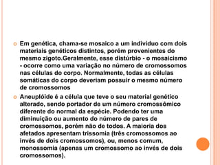 



Em genética, chama-se mosaico a um indivíduo com dois
materiais genéticos distintos, porém provenientes do
mesmo zigoto.Geralmente, esse distúrbio - o mosaicismo
- ocorre como uma variação no número de cromossomos
nas células do corpo. Normalmente, todas as células
somáticas do corpo deveriam possuir o mesmo número
de cromossomos
Aneuplóide é a célula que teve o seu material genético
alterado, sendo portador de um número cromossômico
diferente do normal da espécie. Podendo ter uma
diminuição ou aumento do número de pares de
cromossomos, porém não de todos. A maioria dos
afetados apresentam trissomia (três cromossomos ao
invés de dois cromossomos), ou, menos comum,
monossomia (apenas um cromossomo ao invés de dois
cromossomos).

 