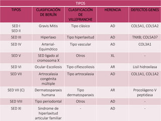 TIPOS 
TIPOS CLASIFICACIÓN 
DE BERLÍN 
CLASIFICACIÓN 
DE 
VILLEFRANCHE 
HERENCIA DEFECTOS GENES 
SED I 
SED II 
Gravis Mitis Tipo clásico AD COL5A1, COL5A2 
SED III Hiperlaxo Tipo hiperlaxitud AD TNXB; COL5A3? 
SED IV Arterial- 
Equimótico 
Tipo vascular AD COL3A1 
SED V SED ligado al 
cromosoma X 
Otros XL - 
SED VI Ocular-Escoliosis Tipo cifiescoliosis AR Lisil hidroxilasa 
SED VII Artrocalasia 
congénita 
múltiple 
Tipo artrocalasia AD COL1A1, COL1A2 
SED VII (C) Dermatosparaxis 
humana 
Tipo 
dermatosparaxis 
AR Procolágeno V 
peptidasa 
SED VIII Tipo periodontal Otros AD - 
SED XI Sindrome de 
hiperlaxitud 
articular familiar 
- AD - 
 