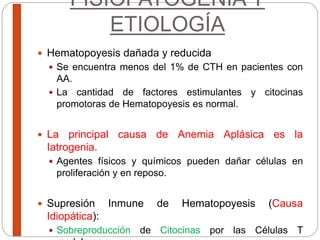 FISIOPATOGENIA Y
ETIOLOGÍA
 Hematopoyesis dañada y reducida
 Se encuentra menos del 1% de CTH en pacientes con
AA.
 La cantidad de factores estimulantes y citocinas
promotoras de Hematopoyesis es normal.
 La principal causa de Anemia Aplásica es la
Iatrogenia.
 Agentes físicos y químicos pueden dañar células en
proliferación y en reposo.
 Supresión Inmune de Hematopoyesis (Causa
Idiopática):
 Sobreproducción de Citocinas por las Células T
 