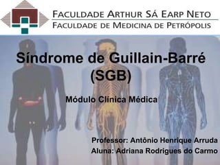 Síndrome de Guillain-Barré
(SGB)
Enfermeira Professora: Adriana Rodrigues do Carmo
 Introdução
 Sinais e sintomas
 Progressão da SGB
 Critérios diagnósticos
 Diagnóstico
 Tratamento
 Investigação
 Diagnóstico de enfermagem
 