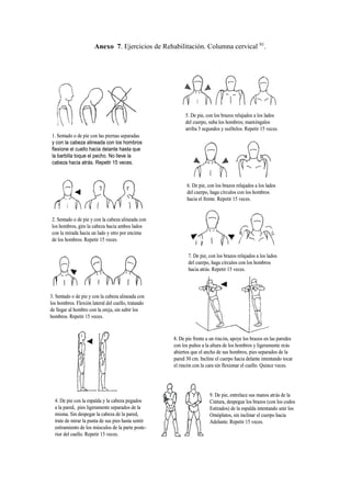Anexo 7. Ejercicios de Rehabilitación. Columna cervical 91
.
1. Sentado o de pie con las piernas separadas
y con la cabeza alineada con los hombros
flexione el cuello hacia delante hasta que
la barbilla toque el pecho. No lleve la
cabeza hacia atrás. Repetir 15 veces.
2. Sentado o de pie y con la cabeza alineada con
los hombros, gire la cabeza hacia ambos lados
con la mirada hacia un lado y otro por encima
de los hombros. Repetir 15 veces.
3. Sentado o de pie y con la cabeza alineada con
los hombros. Flexión lateral del cuello, tratando
de llegar al hombro con la oreja, sin subir los
hombros. Repetir 15 veces.
4. De pie con la espalda y la cabeza pegados
a la pared, pies ligeramente separados de la
misma. Sin despegar la cabeza de la pared,
trate de mirar la punta de sus pies hasta sentir
estiramiento de los músculos de la parte poste-
rior del cuello. Repetir 15 veces.
5. De pie, con los brazos relajados a los lados
del cuerpo, suba los hombros; manténgalos
arriba 5 segundos y suéltelos. Repetir 15 veces.
6. De pie, con los brazos relajados a los lados
del cuerpo, haga círculos con los hombros
hacia el frente. Repetir 15 veces.
7. De pie, con los brazos relajados a los lados
del cuerpo, haga círculos con los hombros
hacia atrás. Repetir 15 veces.
8. De pie frente a un rincón, apoye los brazos en las paredes
con los puños a la altura de los hombros y ligeramente más
abiertos que el ancho de sus hombros, pies separados de la
pared 30 cm. Incline el cuerpo hacia delante intentando tocar
el rincón con la cara sin flexionar el cuello. Quince veces.
9. De pie, entrelace sus manos atrás de la
Cintura, despegue los brazos (con los codos
Estirados) de la espalda intentando unir los
Omóplatos, sin inclinar el cuerpo hacia
Adelante. Repetir 15 veces.
1. Sentado o de pie con las piernas separadas
y con la cabeza alineada con los hombros
flexione el cuello hacia delante hasta que
la barbilla toque el pecho. No lleve la
cabeza hacia atrás. Repetir 15 veces.
2. Sentado o de pie y con la cabeza alineada con
los hombros, gire la cabeza hacia ambos lados
con la mirada hacia un lado y otro por encima
de los hombros. Repetir 15 veces.
3. Sentado o de pie y con la cabeza alineada con
los hombros. Flexión lateral del cuello, tratando
de llegar al hombro con la oreja, sin subir los
hombros. Repetir 15 veces.
4. De pie con la espalda y la cabeza pegados
a la pared, pies ligeramente separados de la
misma. Sin despegar la cabeza de la pared,
trate de mirar la punta de sus pies hasta sentir
estiramiento de los músculos de la parte poste-
rior del cuello. Repetir 15 veces.
5. De pie, con los brazos relajados a los lados
del cuerpo, suba los hombros; manténgalos
arriba 5 segundos y suéltelos. Repetir 15 veces.
6. De pie, con los brazos relajados a los lados
del cuerpo, haga círculos con los hombros
hacia el frente. Repetir 15 veces.
7. De pie, con los brazos relajados a los lados
del cuerpo, haga círculos con los hombros
hacia atrás. Repetir 15 veces.
8. De pie frente a un rincón, apoye los brazos en las paredes
con los puños a la altura de los hombros y ligeramente más
abiertos que el ancho de sus hombros, pies separados de la
pared 30 cm. Incline el cuerpo hacia delante intentando tocar
el rincón con la cara sin flexionar el cuello. Quince veces.
9. De pie, entrelace sus manos atrás de la
Cintura, despegue los brazos (con los codos
Estirados) de la espalda intentando unir los
Omóplatos, sin inclinar el cuerpo hacia
Adelante. Repetir 15 veces.
 