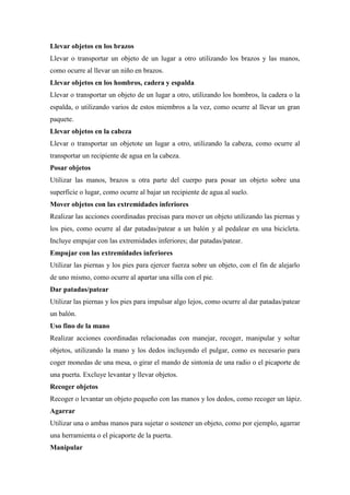 Llevar objetos en los brazos
Llevar o transportar un objeto de un lugar a otro utilizando los brazos y las manos,
como ocurre al llevar un niño en brazos.
Llevar objetos en los hombros, cadera y espalda
Llevar o transportar un objeto de un lugar a otro, utilizando los hombros, la cadera o la
espalda, o utilizando varios de estos miembros a la vez, como ocurre al llevar un gran
paquete.
Llevar objetos en la cabeza
Llevar o transportar un objetote un lugar a otro, utilizando la cabeza, como ocurre al
transportar un recipiente de agua en la cabeza.
Posar objetos
Utilizar las manos, brazos u otra parte del cuerpo para posar un objeto sobre una
superficie o lugar, como ocurre al bajar un recipiente de agua al suelo.
Mover objetos con las extremidades inferiores
Realizar las acciones coordinadas precisas para mover un objeto utilizando las piernas y
los pies, como ocurre al dar patadas/patear a un balón y al pedalear en una bicicleta.
Incluye empujar con las extremidades inferiores; dar patadas/patear.
Empujar con las extremidades inferiores
Utilizar las piernas y los pies para ejercer fuerza sobre un objeto, con el fin de alejarlo
de uno mismo, como ocurre al apartar una silla con el pie.
Dar patadas/patear
Utilizar las piernas y los pies para impulsar algo lejos, como ocurre al dar patadas/patear
un balón.
Uso fino de la mano
Realizar acciones coordinadas relacionadas con manejar, recoger, manipular y soltar
objetos, utilizando la mano y los dedos incluyendo el pulgar, como es necesario para
coger monedas de una mesa, o girar el mando de sintonía de una radio o el picaporte de
una puerta. Excluye levantar y llevar objetos.
Recoger objetos
Recoger o levantar un objeto pequeño con las manos y los dedos, como recoger un lápiz.
Agarrar
Utilizar una o ambas manos para sujetar o sostener un objeto, como por ejemplo, agarrar
una herramienta o el picaporte de la puerta.
Manipular
 