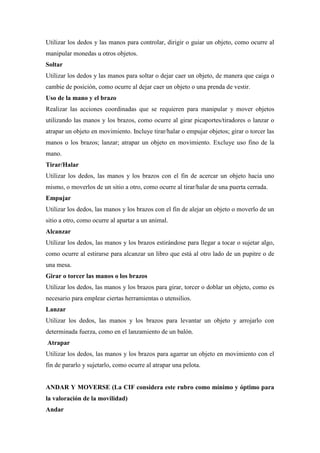 Utilizar los dedos y las manos para controlar, dirigir o guiar un objeto, como ocurre al
manipular monedas u otros objetos.
Soltar
Utilizar los dedos y las manos para soltar o dejar caer un objeto, de manera que caiga o
cambie de posición, como ocurre al dejar caer un objeto o una prenda de vestir.
Uso de la mano y el brazo
Realizar las acciones coordinadas que se requieren para manipular y mover objetos
utilizando las manos y los brazos, como ocurre al girar picaportes/tiradores o lanzar o
atrapar un objeto en movimiento. Incluye tirar/halar o empujar objetos; girar o torcer las
manos o los brazos; lanzar; atrapar un objeto en movimiento. Excluye uso fino de la
mano.
Tirar/Halar
Utilizar los dedos, las manos y los brazos con el fin de acercar un objeto hacia uno
mismo, o moverlos de un sitio a otro, como ocurre al tirar/halar de una puerta cerrada.
Empujar
Utilizar los dedos, las manos y los brazos con el fin de alejar un objeto o moverlo de un
sitio a otro, como ocurre al apartar a un animal.
Alcanzar
Utilizar los dedos, las manos y los brazos estirándose para llegar a tocar o sujetar algo,
como ocurre al estirarse para alcanzar un libro que está al otro lado de un pupitre o de
una mesa.
Girar o torcer las manos o los brazos
Utilizar los dedos, las manos y los brazos para girar, torcer o doblar un objeto, como es
necesario para emplear ciertas herramientas o utensilios.
Lanzar
Utilizar los dedos, las manos y los brazos para levantar un objeto y arrojarlo con
determinada fuerza, como en el lanzamiento de un balón.
Atrapar
Utilizar los dedos, las manos y los brazos para agarrar un objeto en movimiento con el
fin de pararlo y sujetarlo, como ocurre al atrapar una pelota.
ANDAR Y MOVERSE (La CIF considera este rubro como mínimo y óptimo para
la valoración de la movilidad)
Andar
 