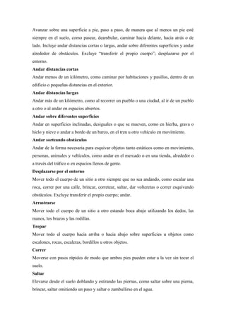 Avanzar sobre una superficie a pie, paso a paso, de manera que al menos un pie esté
siempre en el suelo, como pasear, deambular, caminar hacia delante, hacia atrás o de
lado. Incluye andar distancias cortas o largas, andar sobre diferentes superficies y andar
alrededor de obstáculos. Excluye “transferir el propio cuerpo”; desplazarse por el
entorno.
Andar distancias cortas
Andar menos de un kilómetro, como caminar por habitaciones y pasillos, dentro de un
edificio o pequeñas distancias en el exterior.
Andar distancias largas
Andar más de un kilómetro, como al recorrer un pueblo o una ciudad, al ir de un pueblo
a otro o al andar en espacios abiertos.
Andar sobre diferentes superficies
Andar en superficies inclinadas, desiguales o que se mueven, como en hierba, grava o
hielo y nieve o andar a bordo de un barco, en el tren u otro vehículo en movimiento.
Andar sorteando obstáculos
Andar de la forma necesaria para esquivar objetos tanto estáticos como en movimiento,
personas, animales y vehículos, como andar en el mercado o en una tienda, alrededor o
a través del tráfico o en espacios llenos de gente.
Desplazarse por el entorno
Mover todo el cuerpo de un sitio a otro siempre que no sea andando, como escalar una
roca, correr por una calle, brincar, corretear, saltar, dar volteretas o correr esquivando
obstáculos. Excluye transferir el propio cuerpo; andar.
Arrastrarse
Mover todo el cuerpo de un sitio a otro estando boca abajo utilizando los dedos, las
manos, los brazos y las rodillas.
Trepar
Mover todo el cuerpo hacia arriba o hacia abajo sobre superficies u objetos como
escalones, rocas, escaleras, bordillos u otros objetos.
Correr
Moverse con pasos rápidos de modo que ambos pies pueden estar a la vez sin tocar el
suelo.
Saltar
Elevarse desde el suelo doblando y estirando las piernas, como saltar sobre una pierna,
brincar, saltar omitiendo un paso y saltar o zambullirse en el agua.
 