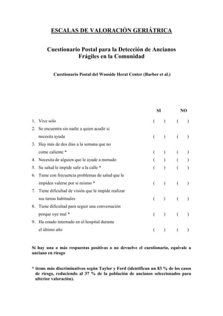 ESCALAS DE VALORACIÓN GERIÁTRICA
Cuestionario Postal para la Detección de Ancianos
Frágiles en la Comunidad
Cuestionario Postal del Wooside Herat Center (Barber et al.)
SI NO
1. Vive solo ( ) ( )
2. Se encuentra sin nadie a quien acudir si
necesita ayuda ( ) ( )
3. Hay más de dos días a la semana que no
come caliente * ( ) ( )
4. Necesita de alguien que le ayude a menudo ( ) ( )
5. Su salud le impide salir a la calle * ( ) ( )
6. Tiene con frecuencia problemas de salud que le
impiden valerse por si mismo * ( ) ( )
7. Tiene dificultad de visión que le impide realizar
sus tareas habituales ( ) ( )
8. Tiene dificultad para seguir una conversación
porque oye mal * ( ) ( )
9. Ha estado internado en el hospital durante
el último año ( ) ( )
Si hay una o más respuestas positivas o no devuelve el cuestionario, equivale a
anciano en riesgo
* ítems más discriminativos según Taylor y Ford (identifican un 83 % de los casos
de riesgo, reduciendo al 37 % de la población de ancianos seleccionados para
ulterior valoración).
 