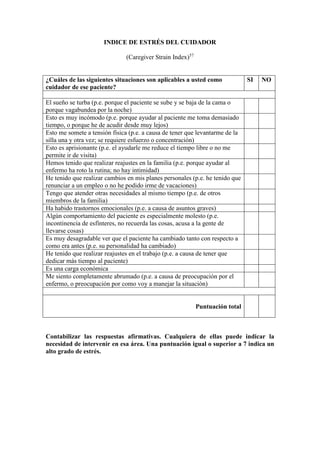 INDICE DE ESTRÉS DEL CUIDADOR
(Caregiver Strain Index)57
¿Cuáles de las siguientes situaciones son aplicables a usted como
cuidador de ese paciente?
SI NO
El sueño se turba (p.e. porque el paciente se sube y se baja de la cama o
porque vagabundea por la noche)
Esto es muy incómodo (p.e. porque ayudar al paciente me toma demasiado
tiempo, o porque he de acudir desde muy lejos)
Esto me somete a tensión física (p.e. a causa de tener que levantarme de la
silla una y otra vez; se requiere esfuerzo o concentración)
Esto es aprisionante (p.e. el ayudarle me reduce el tiempo libre o no me
permite ir de visita)
Hemos tenido que realizar reajustes en la familia (p.e. porque ayudar al
enfermo ha roto la rutina; no hay intimidad)
He tenido que realizar cambios en mis planes personales (p.e. he tenido que
renunciar a un empleo o no he podido irme de vacaciones)
Tengo que atender otras necesidades al mismo tiempo (p.e. de otros
miembros de la familia)
Ha habido trastornos emocionales (p.e. a causa de asuntos graves)
Algún comportamiento del paciente es especialmente molesto (p.e.
incontinencia de esfínteres, no recuerda las cosas, acusa a la gente de
llevarse cosas)
Es muy desagradable ver que el paciente ha cambiado tanto con respecto a
como era antes (p.e. su personalidad ha cambiado)
He tenido que realizar reajustes en el trabajo (p.e. a causa de tener que
dedicar más tiempo al paciente)
Es una carga económica
Me siento completamente abrumado (p.e. a causa de preocupación por el
enfermo, o preocupación por como voy a manejar la situación)
Puntuación total
Contabilizar las respuestas afirmativas. Cualquiera de ellas puede indicar la
necesidad de intervenir en esa área. Una puntuación igual o superior a 7 indica un
alto grado de estrés.
 