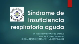 Síndrome de
insuficiencia
respiratoria aguda
DR. JOSÉ ALEJANDRO MANZO CASTILLO
R2 DE MEDICINA DE URGENCIAS
HOSPITAL GENERAL DE ZONA NO. 6 LIC. BENITO JUÁREZ
 