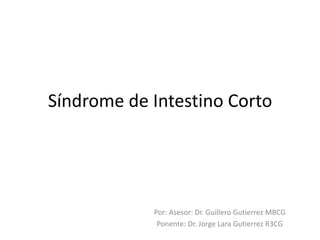 Síndrome de Intestino Corto




            Por: Asesor: Dr. Guillero Gutierrez MBCG
             Ponente: Dr. Jorge Lara Gutierrez R3CG
 
