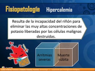 FisiopatologíaHipercalemiaResulta de la incapacidad del riñón para eliminar las muy altas concentraciones de potasio liberadas por las células malignas destruidas.Cuellar-Ambrosi, Francisco y Falabella-Falabella, Francisco.Hematología. s.l. : Corporación para Investigaciones Biológicas.