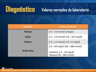 DiagnósticoValores normales de laboratorioCuellar-Ambrosi, Francisco y Falabella-Falabella, Francisco.Hematología. s.l. : Corporación para Investigaciones Biológicas.
