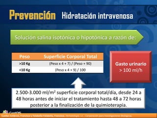 PrevenciónHidratación intravenosaSolución salina isotónica o hipotónica a razón de:Gasto urinario > 100 ml/h2.500-3.000 ml/m2 superficie corporal total/día, desde 24 a 48 horas antes de iniciar el tratamiento hasta 48 a 72 horas posterior a la finalización de la quimioterapia.Cuellar-Ambrosi, Francisco y Falabella-Falabella, Francisco.Hematología. s.l. : Corporación para Investigaciones Biológicas.