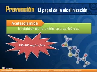 Inhibidor de la anhidrasa carbónicaPrevenciónEl papel de la alcalinizaciónAcetazolamida150-500 mg/m2/díaCuellar-Ambrosi, Francisco y Falabella-Falabella, Francisco.Hematología. s.l. : Corporación para Investigaciones Biológicas.