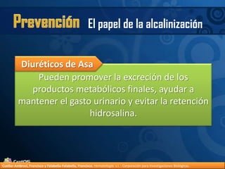 Pueden promover la excreción de los productos metabólicos finales, ayudar a mantener el gasto urinario y evitar la retención hidrosalina.PrevenciónEl papel de la alcalinizaciónDiuréticos de AsaCuellar-Ambrosi, Francisco y Falabella-Falabella, Francisco.Hematología. s.l. : Corporación para Investigaciones Biológicas.