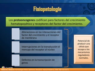 FisiopatologíaLos protooncogenes codifican para factores del crecimiento hematopoyético y receptores del factor del crecimiento.Potencial de producir una célula que escapa a los mecanismos reguladores normales.McKenzie, Shirlyn B.Hematología Clínica. Baltimore, Maryland : Manual Moderno, 2000. 968-426-819-X.