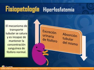FisiopatologíaHiperfosfatemiaEl mecanismo de transporte tubular se satura y es incapaz de mantener la concentración sanguínea de fósforo normal.Cuellar-Ambrosi, Francisco y Falabella-Falabella, Francisco.Hematología. s.l. : Corporación para Investigaciones Biológicas.